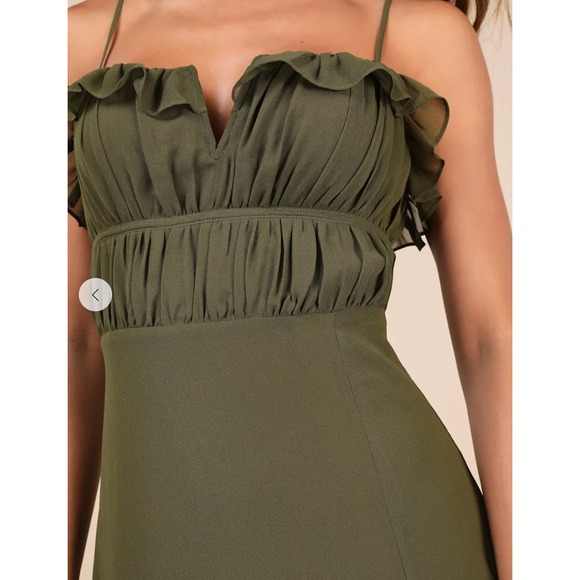 Lulus Dress Womens Medium Green Exemplary Beauty Strappy Ruffle Maxi Slit - Picture 11 of 11